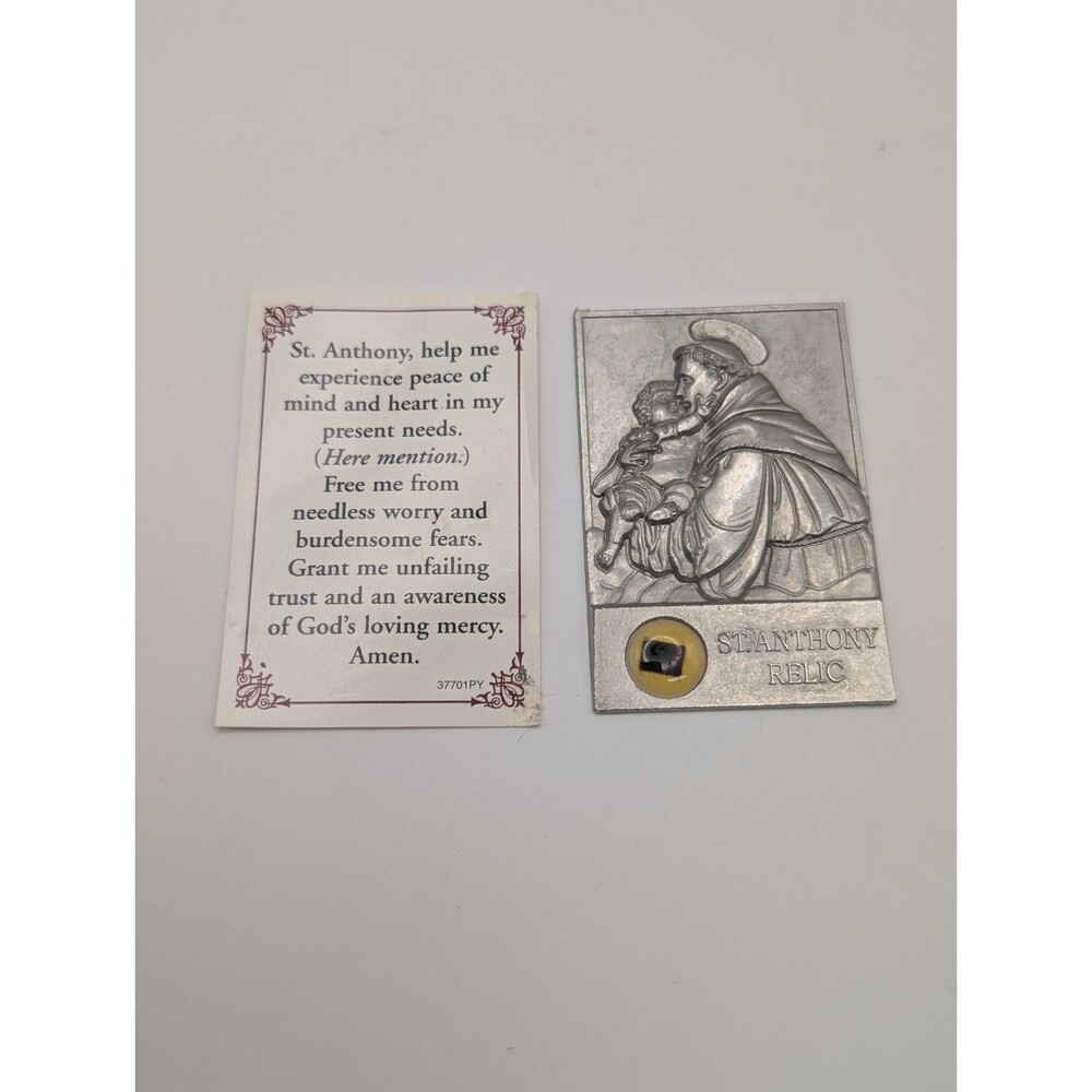Vintage St Saint Anthony Relic Pocket Prayer Card Medal Plaque Catholic Shrine